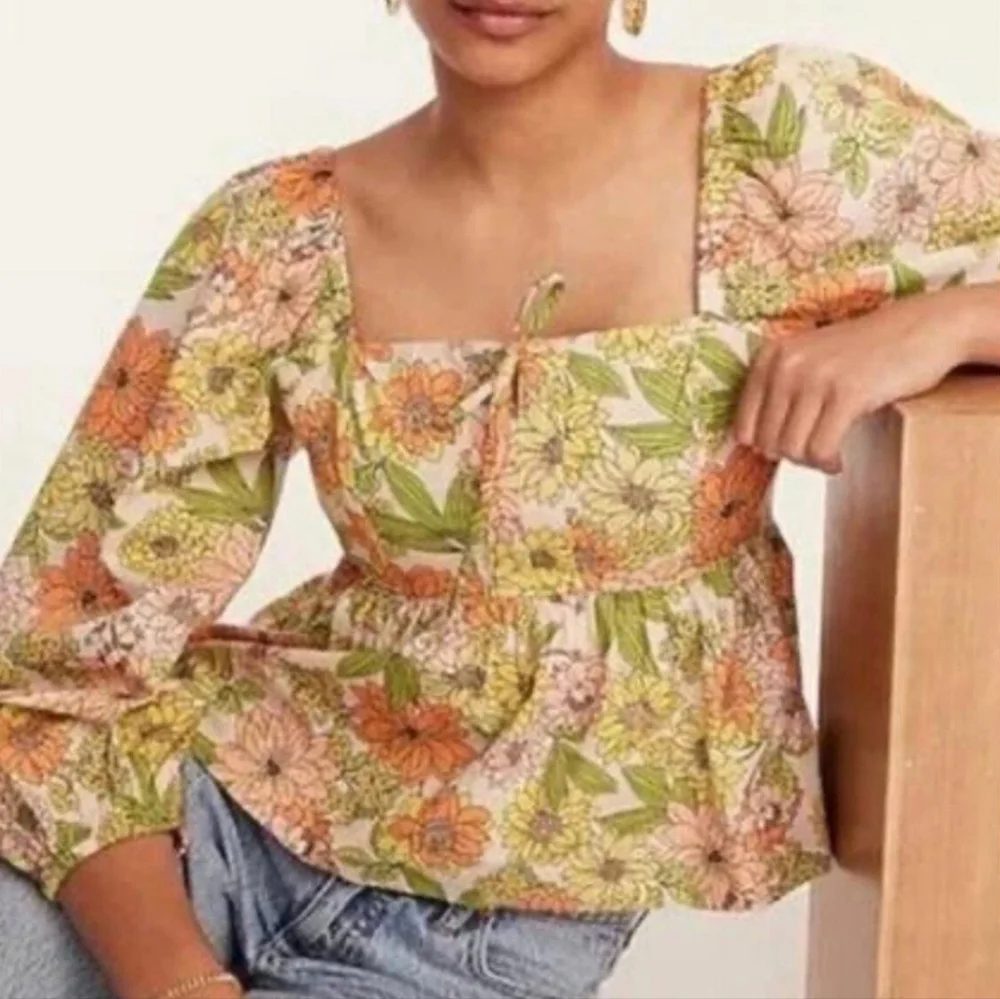 J Crew Zinnia square neck peplum floral boho cotton long sleeve top size 0 NWT